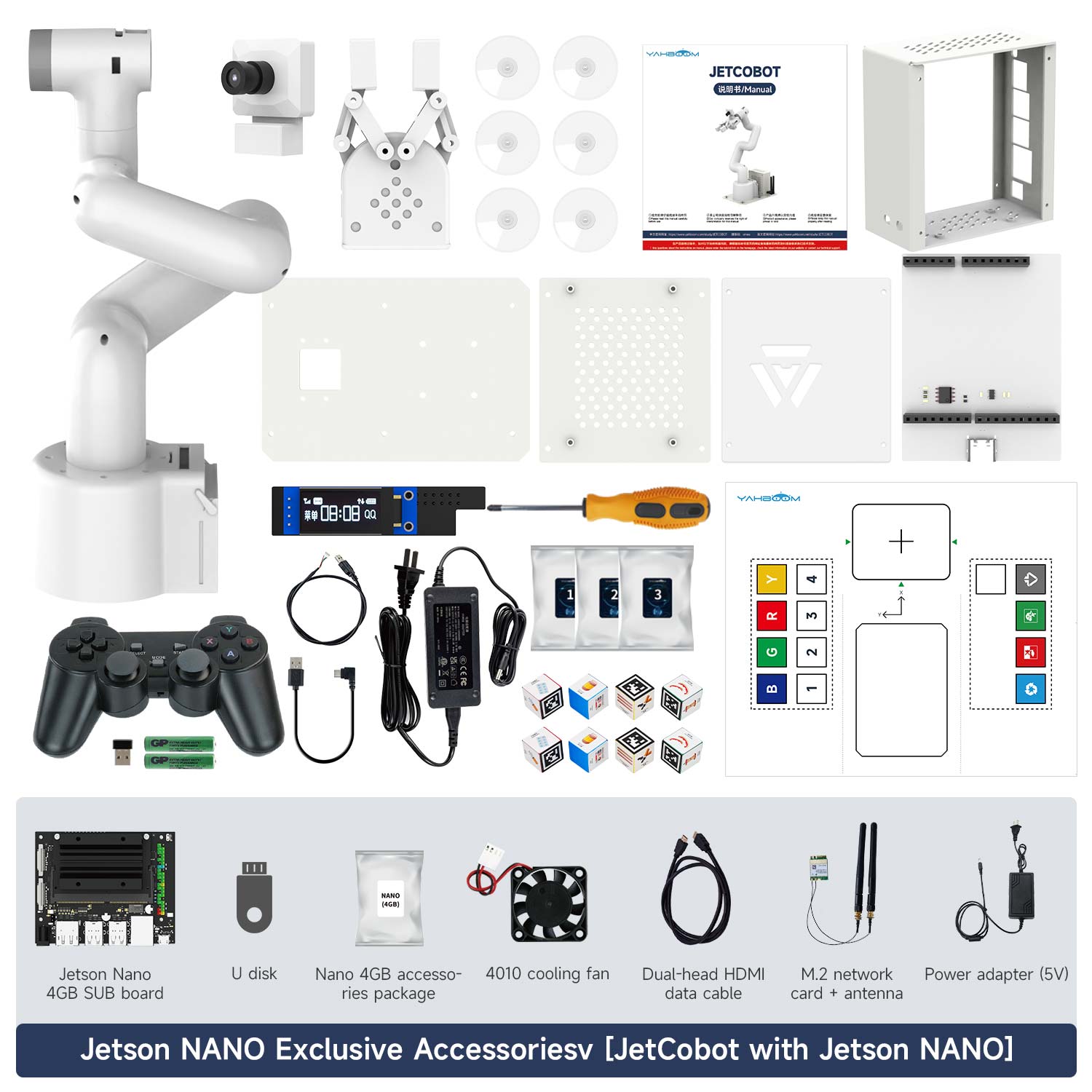 JetCobot with Jetson NANO package listing: robotic arm, gripper, USB camera, handle, 4GB SUB board and case, map, 64G U disk