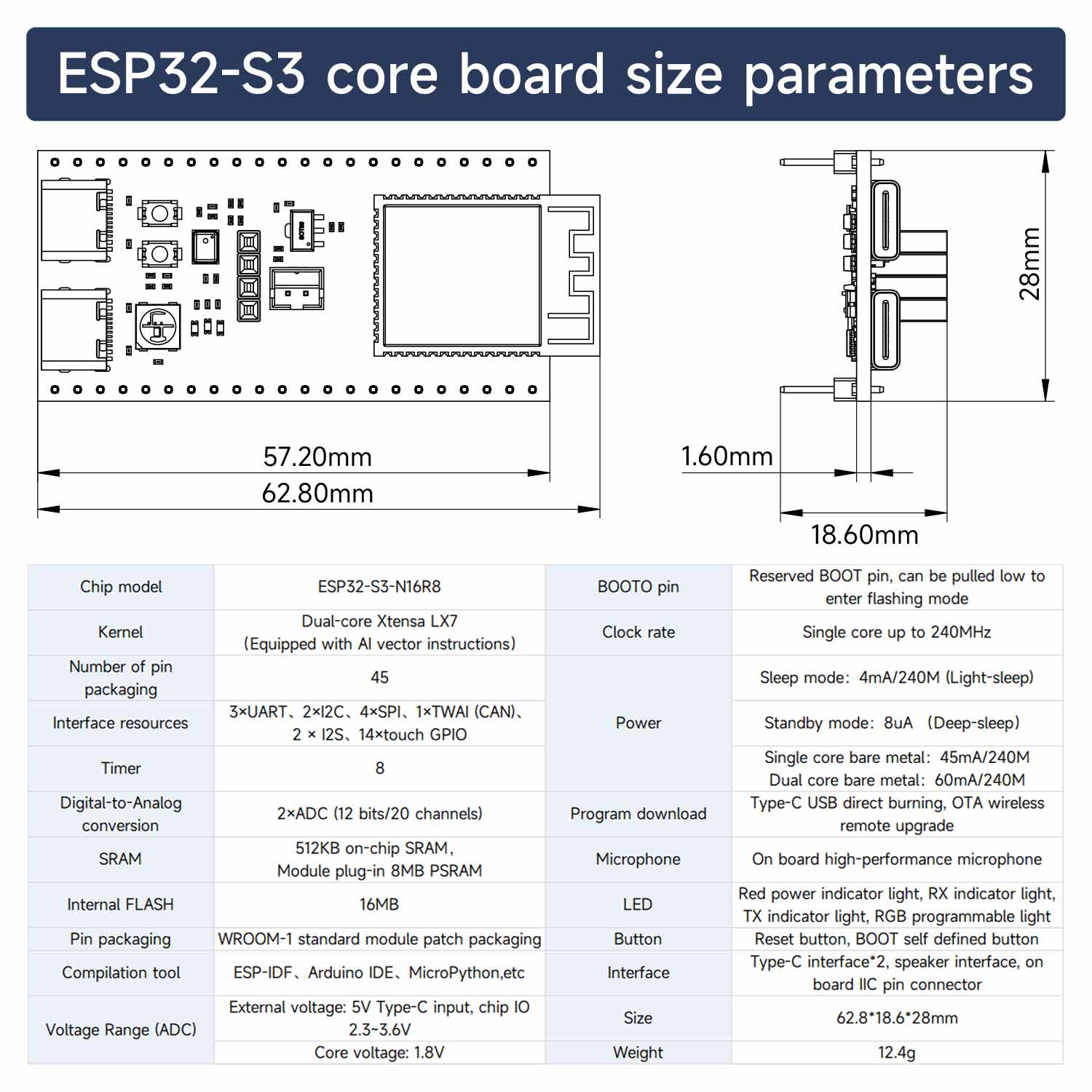ESP32-S3-N16R8 core board built-in 16MB Flash 8MB PSRAM  2.4GHz WiFi BT 5.0