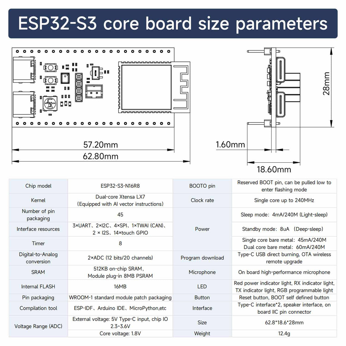 ESP32-S3-N16R8 core board built-in 16MB Flash 8MB PSRAM  2.4GHz WiFi BT 5.0