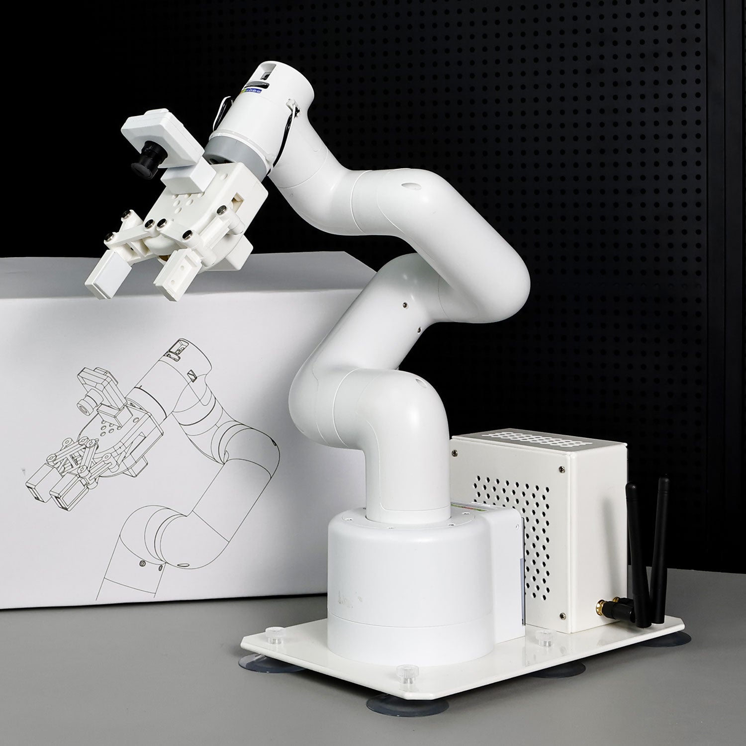 JetCobot is a white robotic arm made of plastic and aluminum alloy.