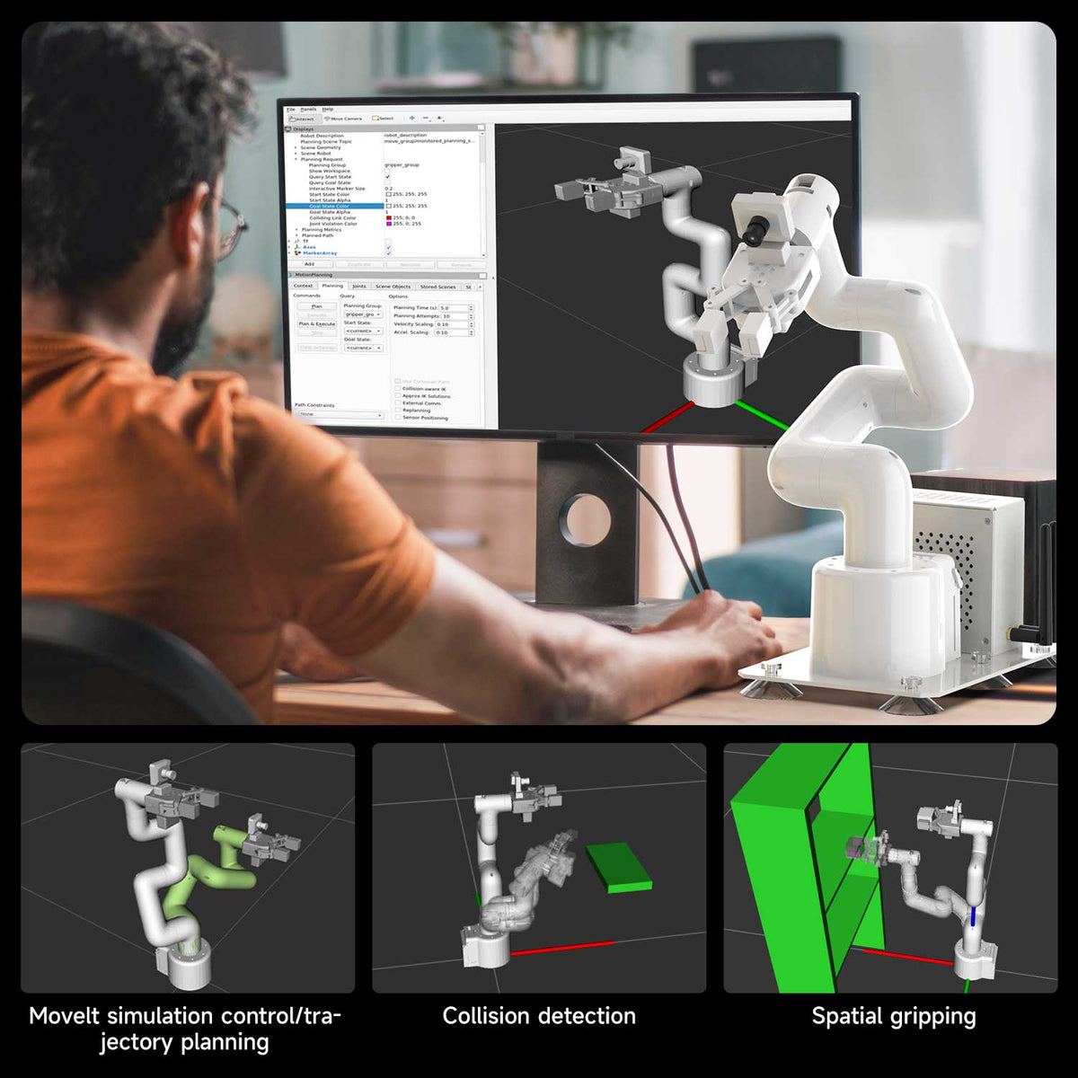 A man is debugging JetCobot robotic arm: Movelt simulation control/trajectory planning, collision detection, spatial grasping