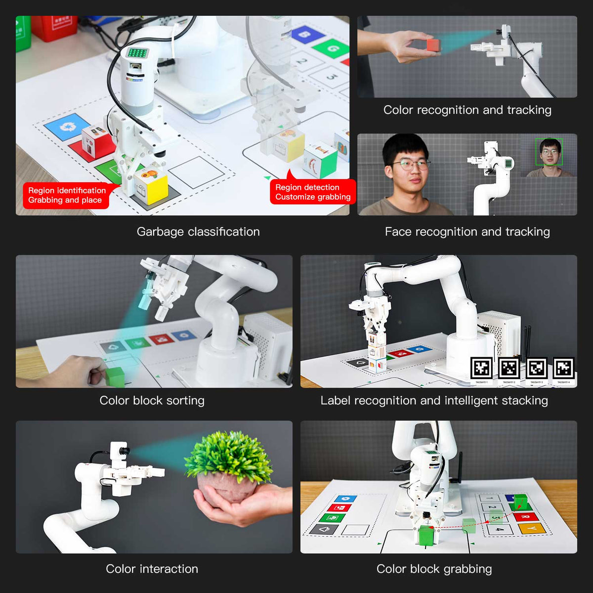JetCobot 7 DOF robotic arm supports AI vision: color and face recognition tracking, garbage classification