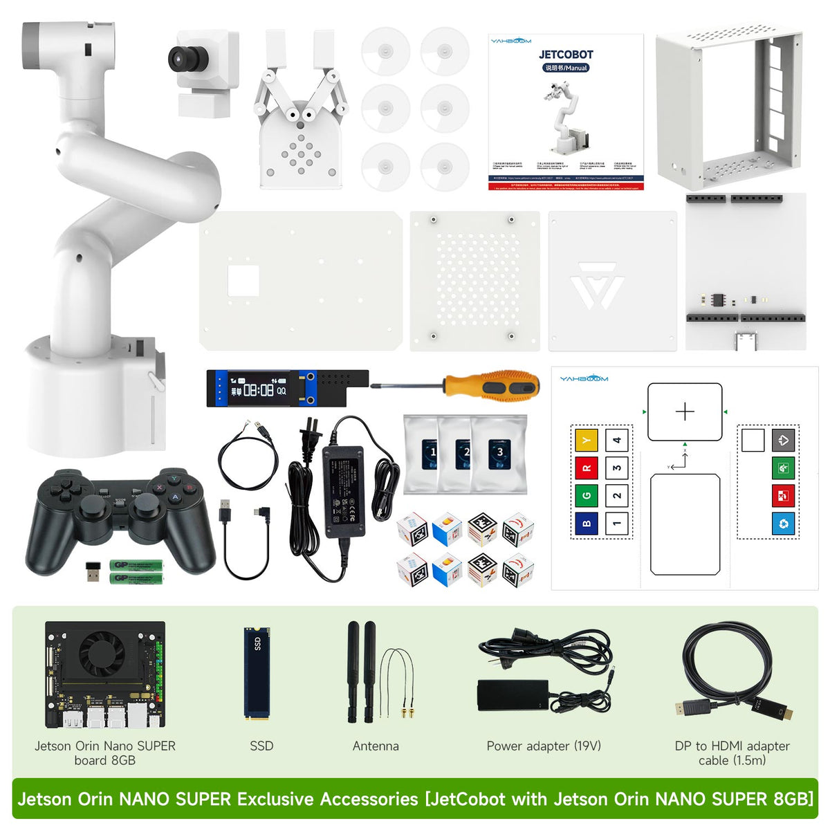 JetCobot with Jetson ORIN NANO SUPER delivery list: robotic arm, gripper, USB camera, handle, 8GB board, map, 64G U disk