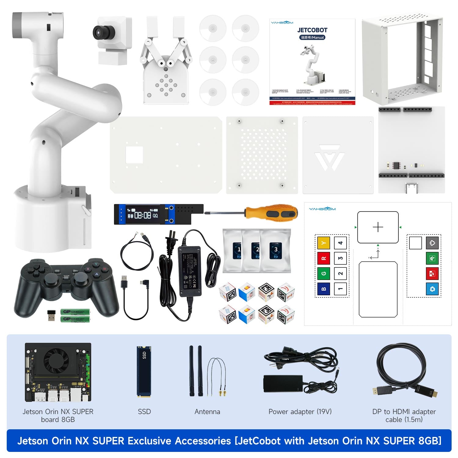 JetCobot with Jetson ORIN NX SUPER delivery list: robotic arm, gripper, USB camera, handle, 8GB main board, map, 64G U disk