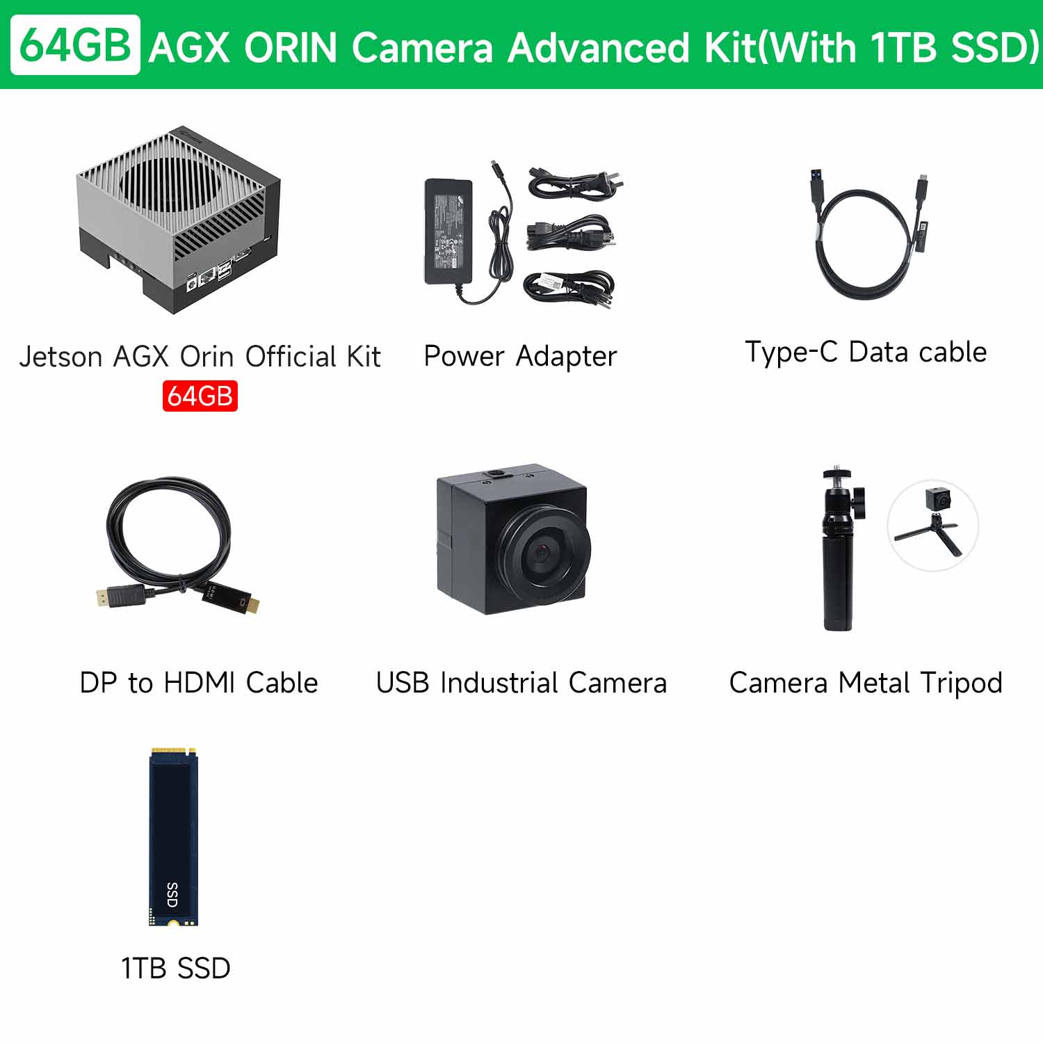 Jetson AGX ORIN 64GB Camera Advanced Kit with 1TB SSD and other components listed on a white background