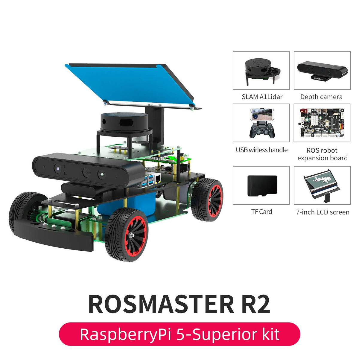 ROSMASTER R2 RPi 5 Superior version without development board accessories display: SLAM A1Lidar, depth camera, screen, etc.
