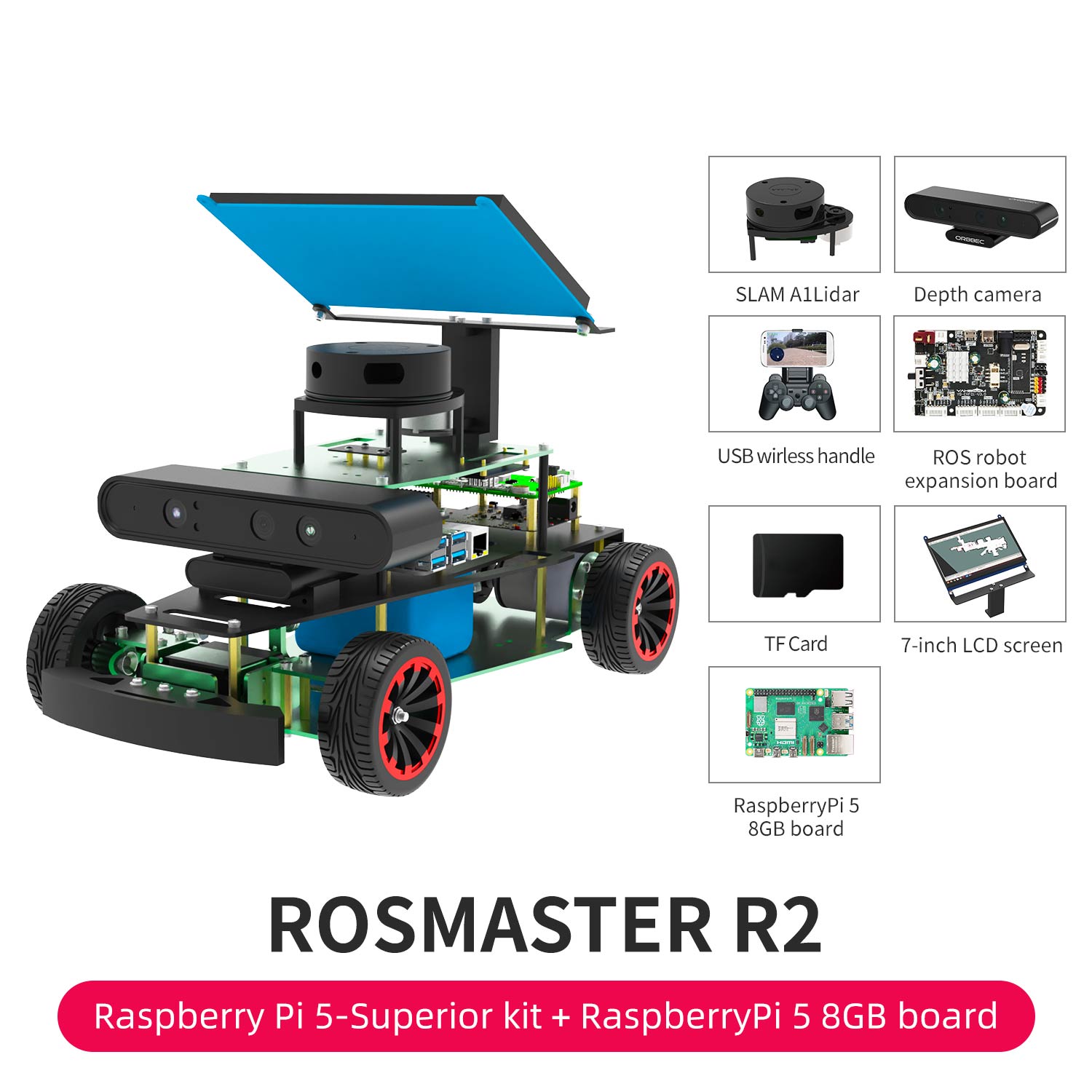 ROSMASTER R2 RPi 5 Superior version with 8GB development board accessories display: SLAM A1Lidar, depth camera, screen, etc.