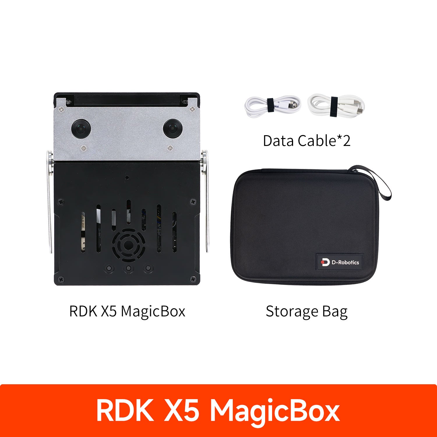 RDK X5 MagicBox with storage bag and data cables on a white background