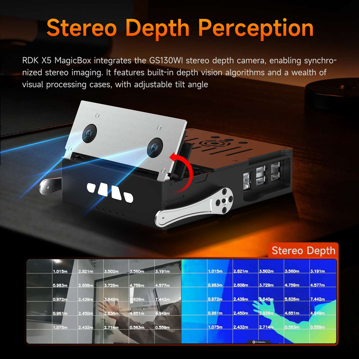 RDK X5 MagicBox stereo depth perception device with text and visual data display.