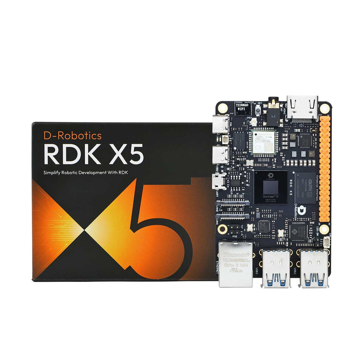 D-Robotics RDK X5 development board with packaging on a white background