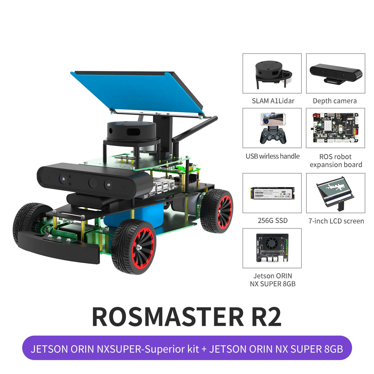 ROSMASTER R2 Jetson ORIN NX SUPER Superior Kit with 8GB development board parts display: SLAM A1Lidar, LCD screen, etc.