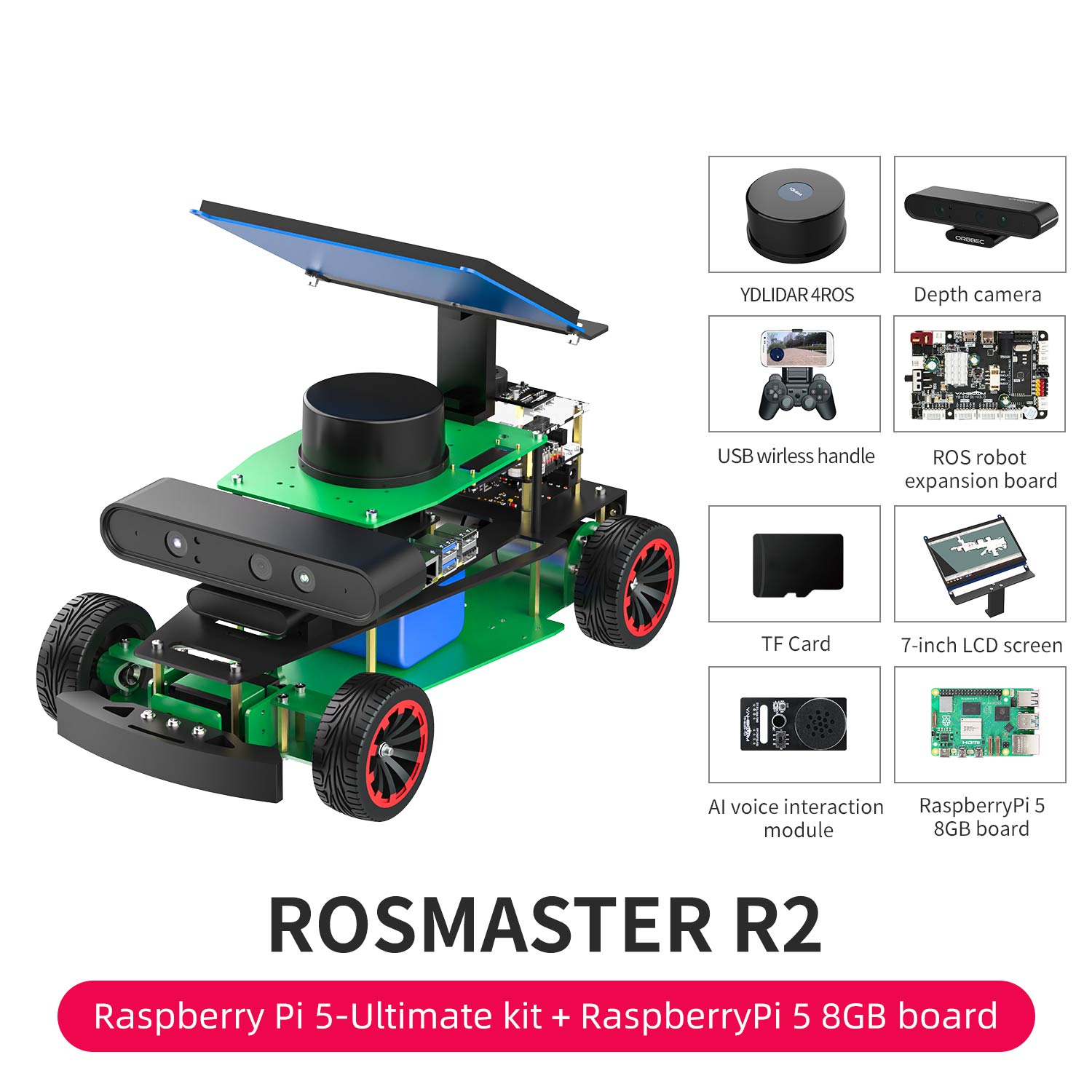 ROSMASTER R2 ROS2 AI voice interaction Robot with Ackermann structure for Jetson NANO 4GB/Orin NANO SUPER/Orin NX SUPER/RPi 5(Max Speed:1.8m/s)