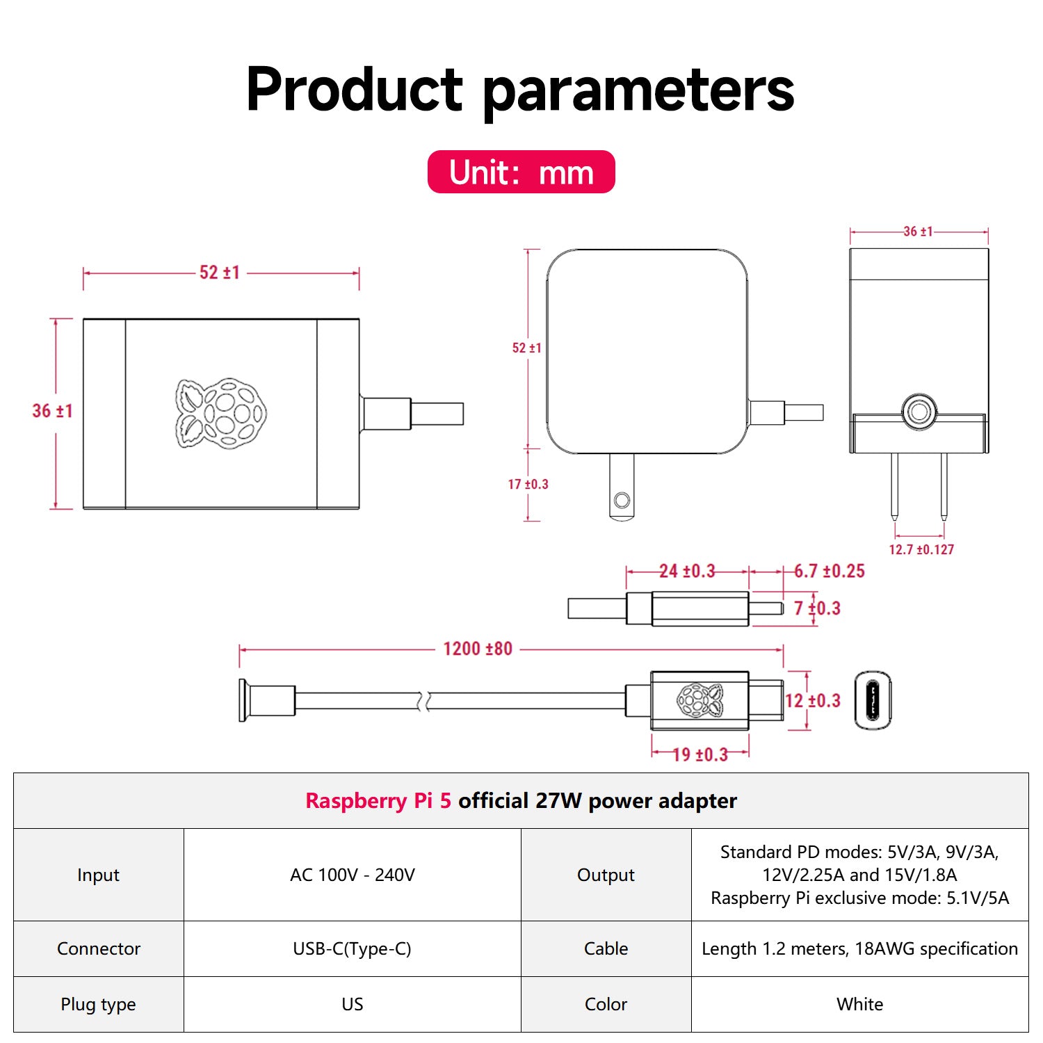 Raspberry Pi 5 Official Power Supply(27W USB-C US PLUG)