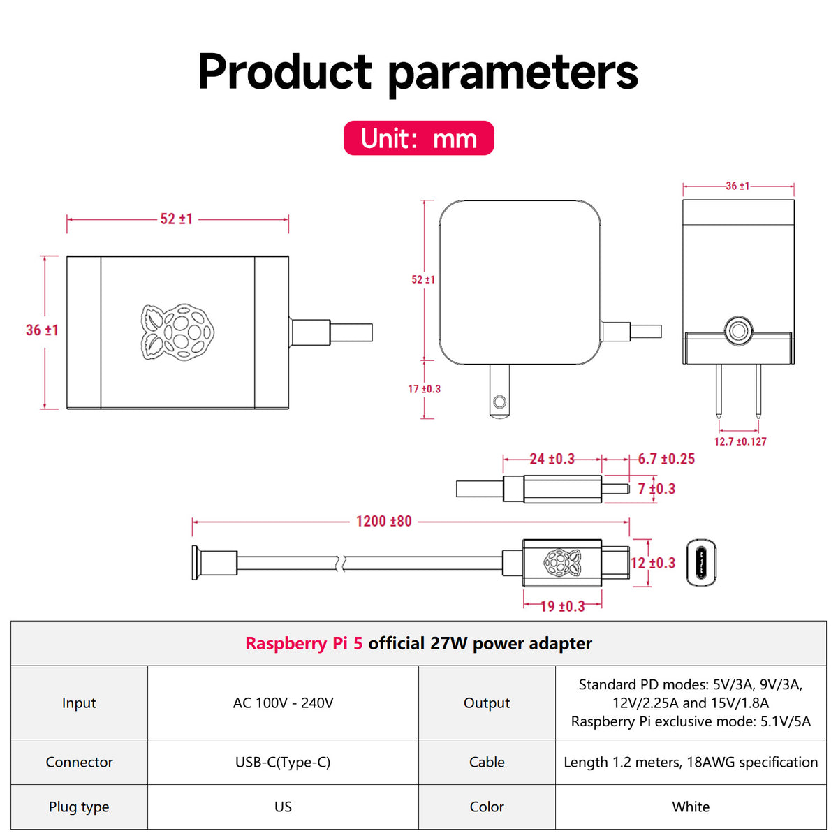 Raspberry Pi 5 Official Power Supply(27W USB-C US PLUG)