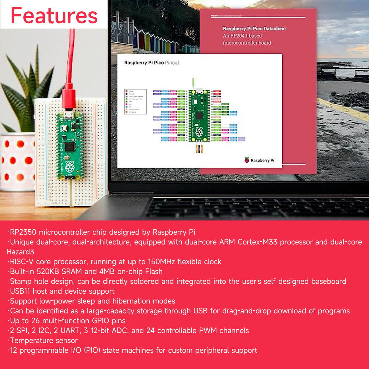 Placa y kit de inicio Raspberry Pi Pico 2