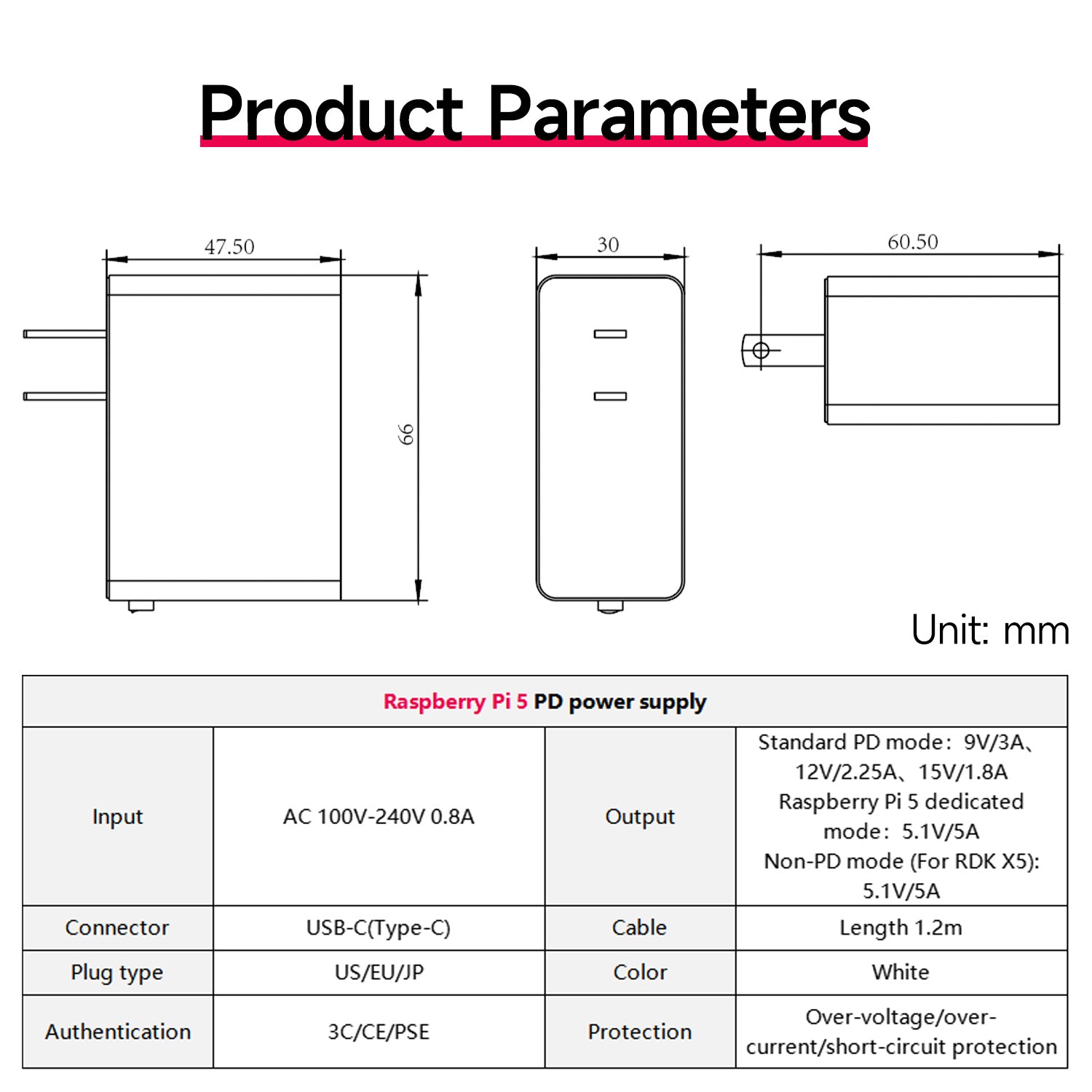 Alimentation PD 27 W 5,1 V/5 A pour Raspberry Pi 5 (US/EU/JP)