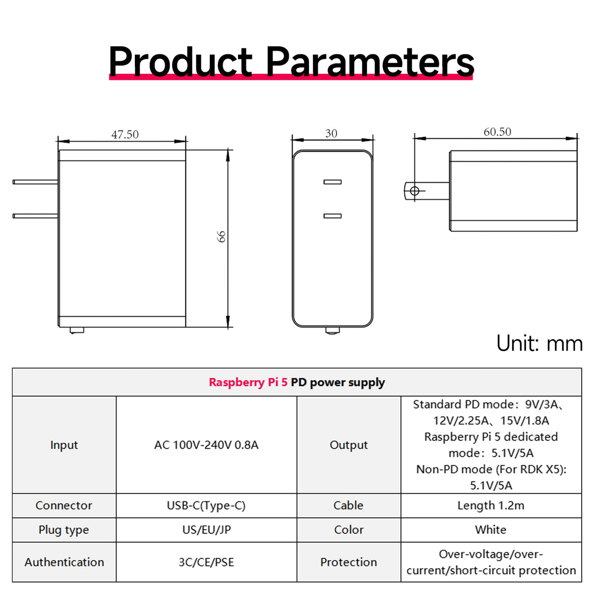 Alimentation PD 27 W 5,1 V/5 A pour Raspberry Pi 5 (US/EU/JP)
