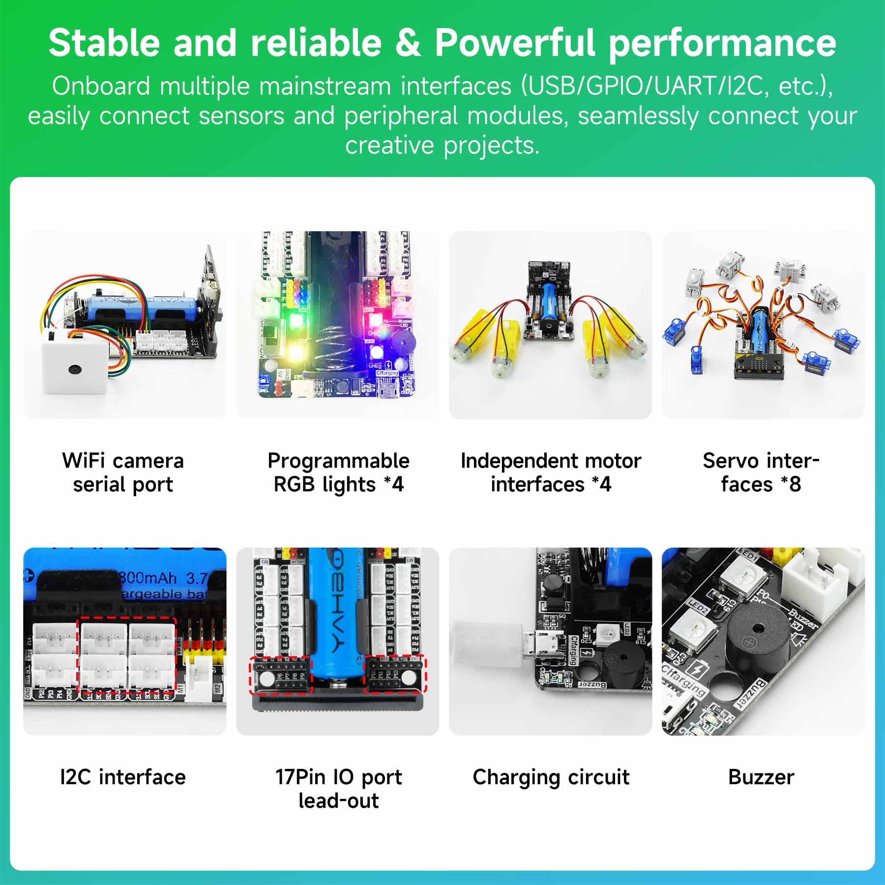 Super-bit 2.0 expansion board has rich onboard interfaces: I2C, 17pin IO port lead-out, servo and motor