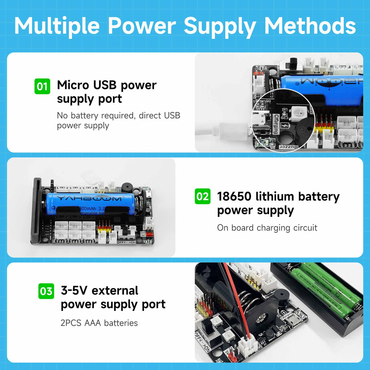 Diagram of power supply methods for super bit 2.0 expansion board: USB, battery and 3-5V external port