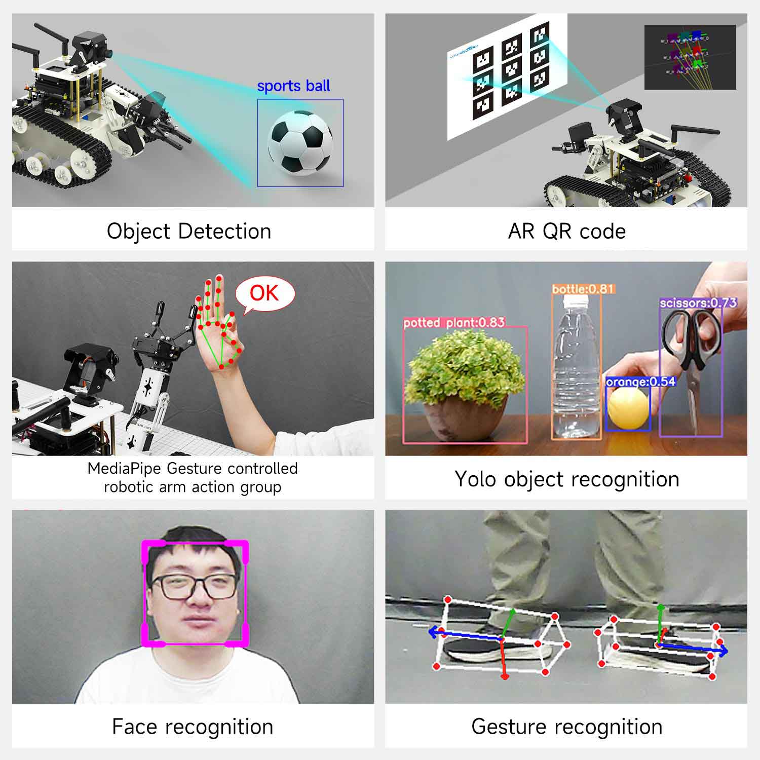 Transbot SE recognizes footballs, QR codes, faces, gesture, etc.