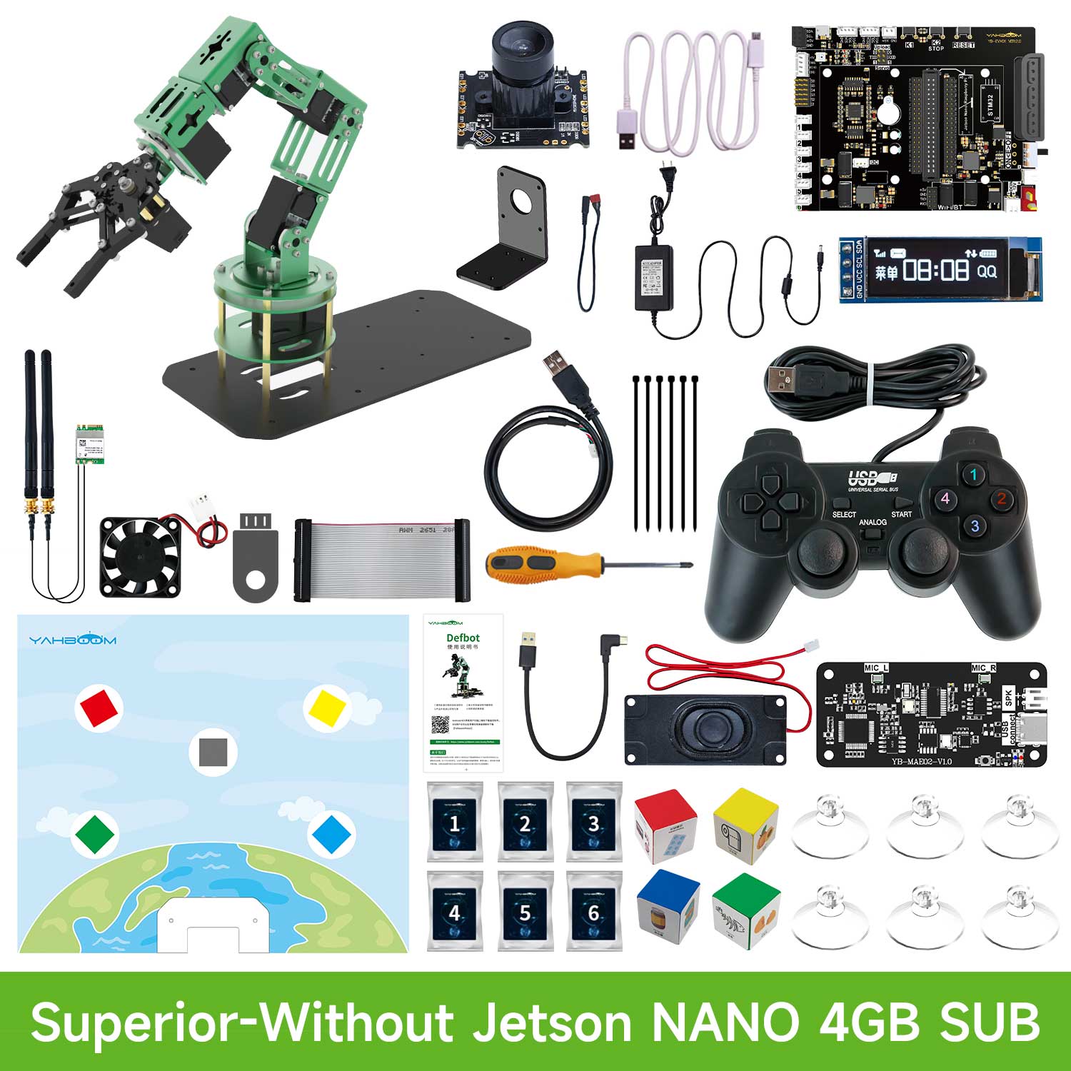 Collection of electronic components and tools for Dofbot on a white background with text 'Superior Without Jetson NANO 4GB SUB'.