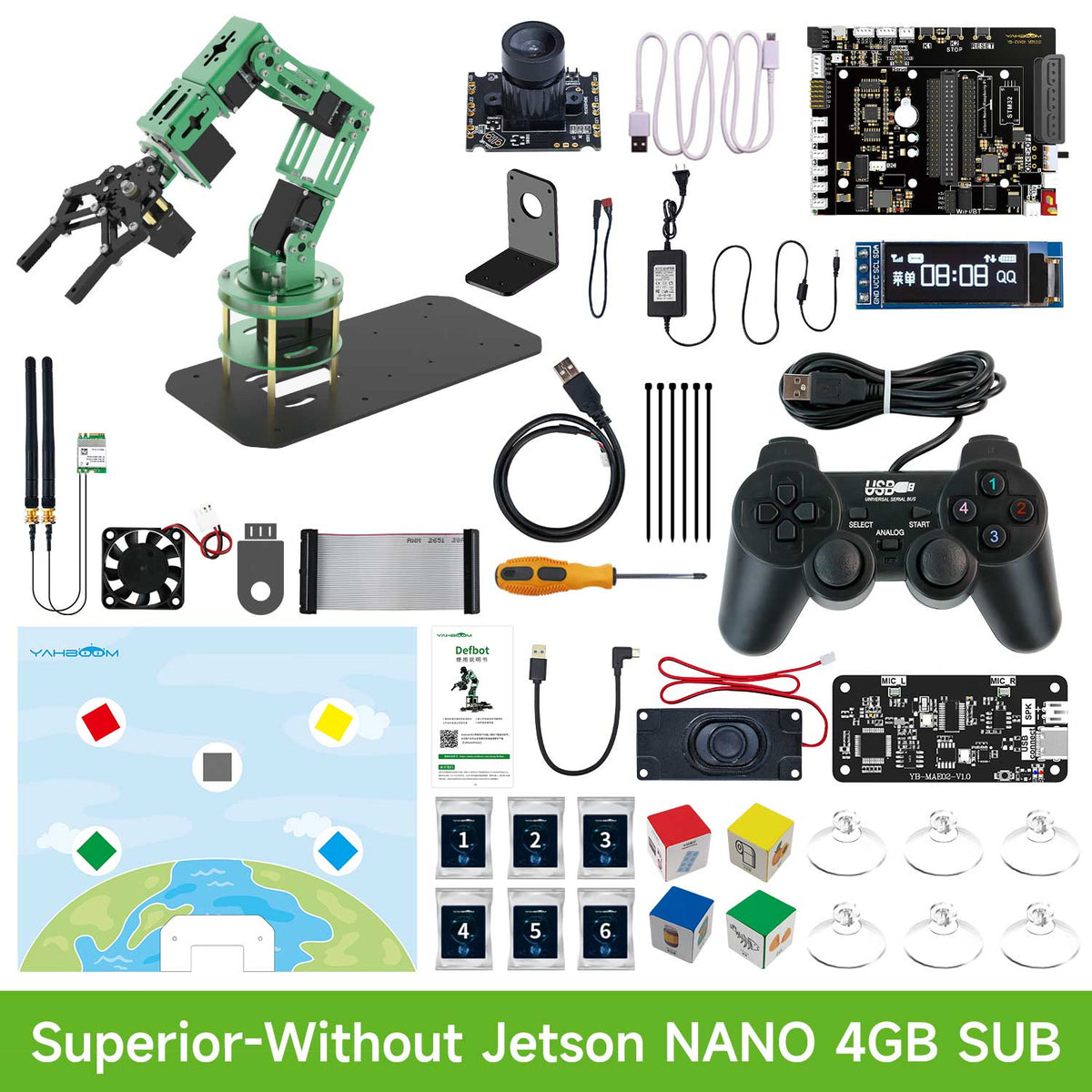 Collection of electronic components and tools for Dofbot on a white background with text 'Superior Without Jetson NANO 4GB SUB'.