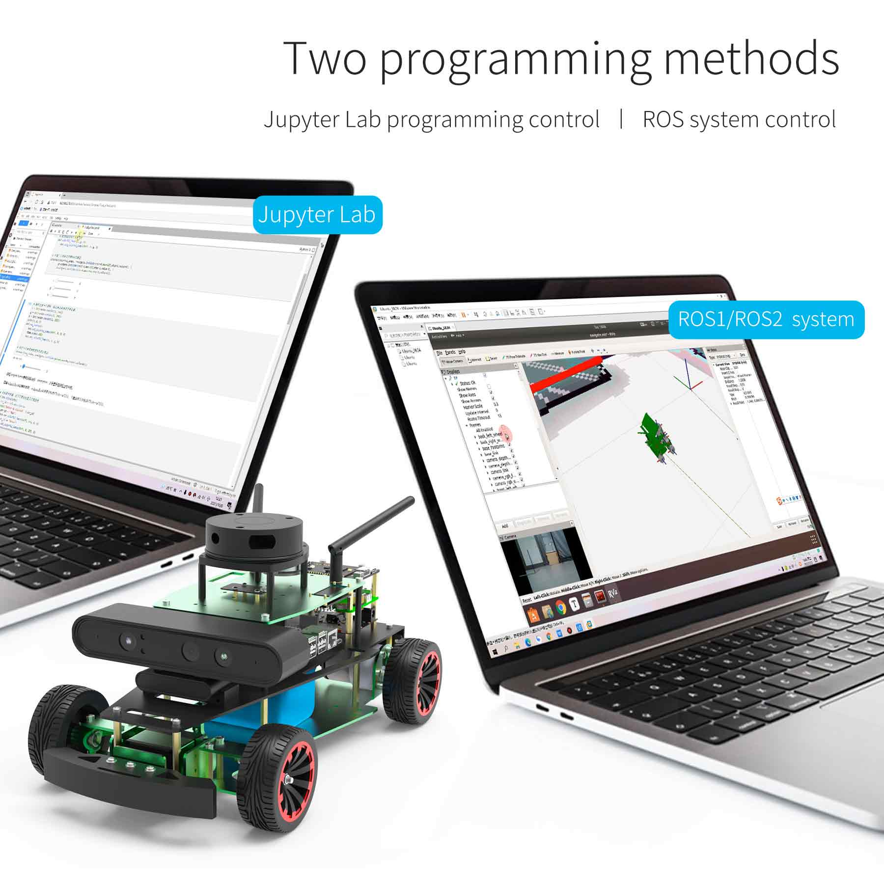 ROSMASTER R2 supports both Jupyter Lab programming control and ROS1/ROS2 system control