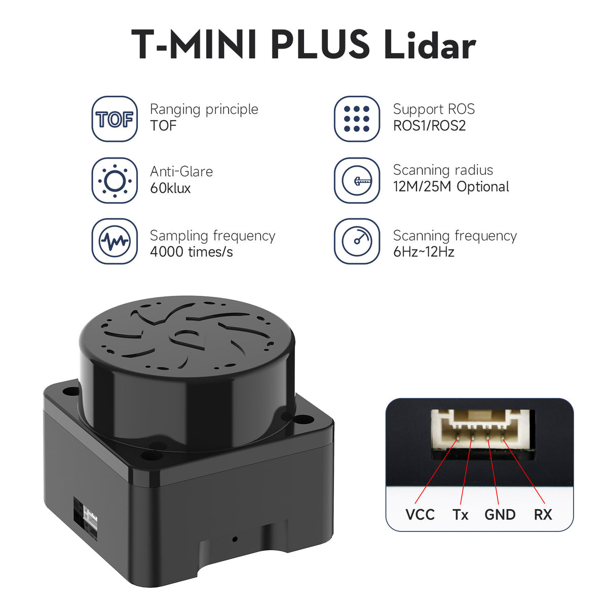 T-MINI-Plus Lidar TOF Rango de 12M compatible con ROS1 ROS2